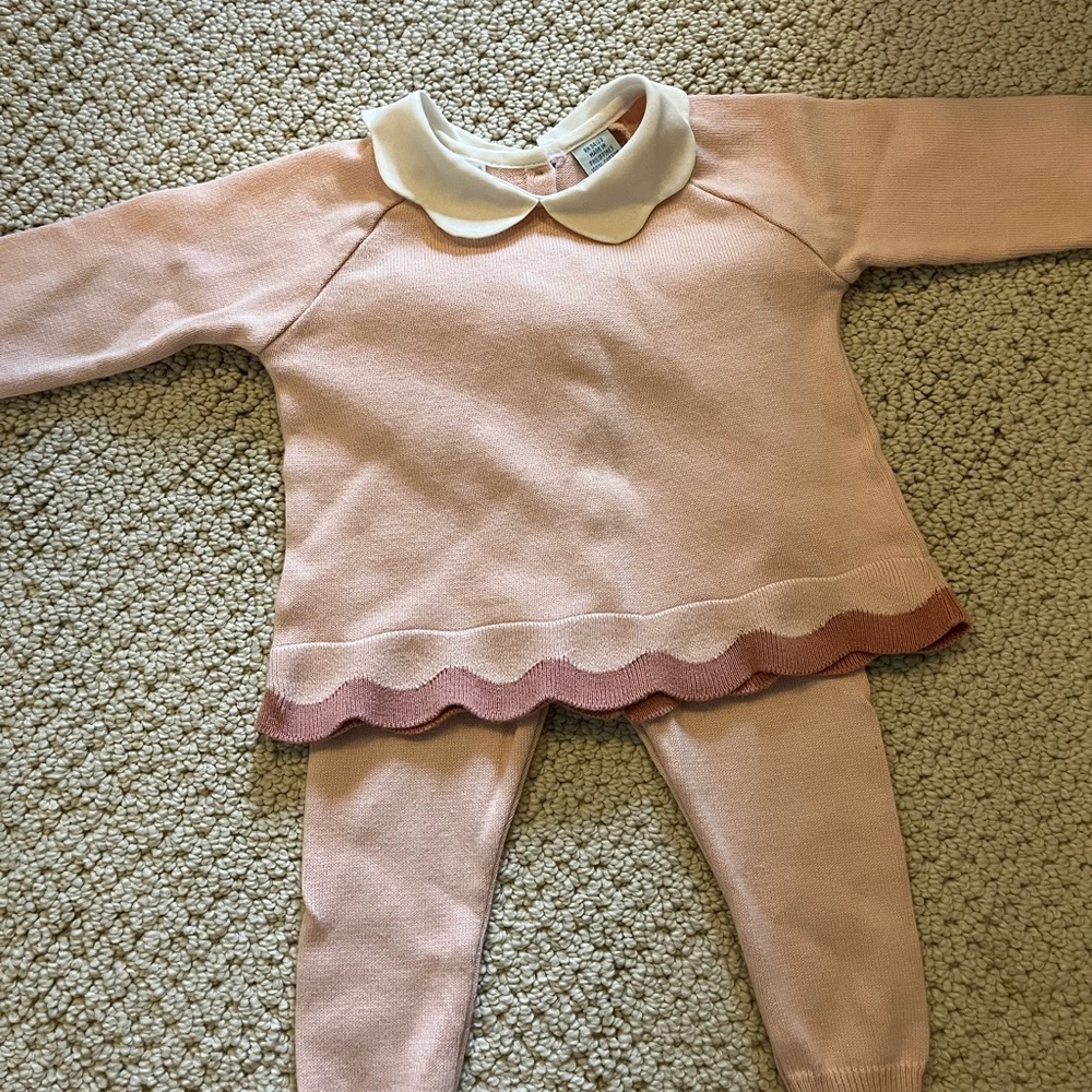 Girls Pink Knit Matching Top & Leggings Set with Peter Pan Collar